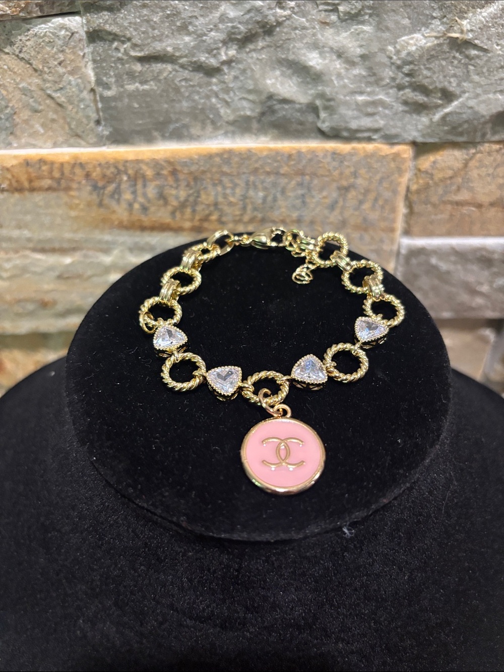 Gold Chain Charm Bracelet with Pink Enamel CC Logo Disc